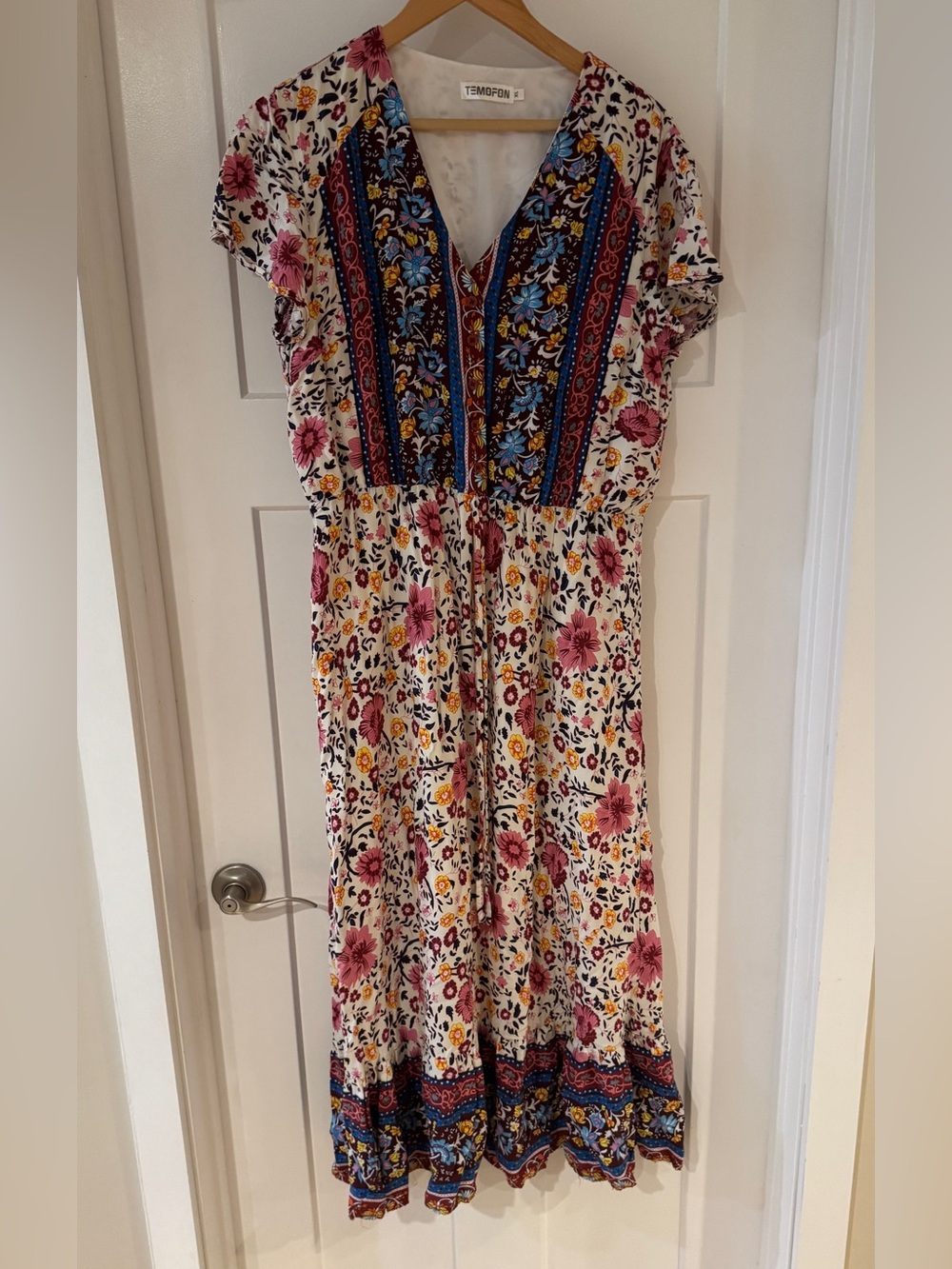 Floral Boho Midi Dress in Ivory with Pink & Blue Accents